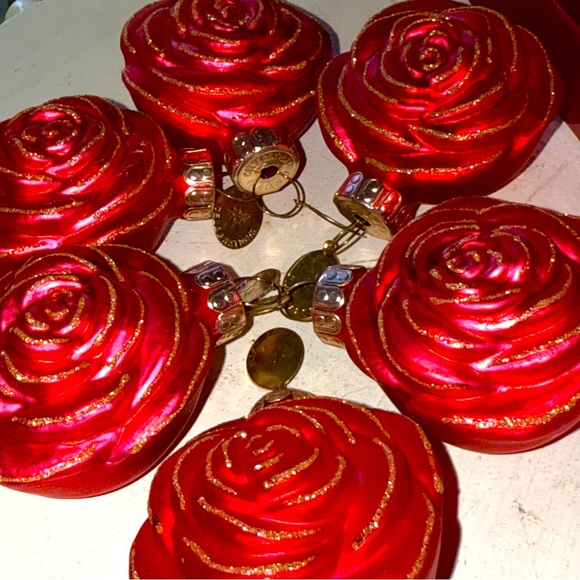 6pc Celebrations by Christopher Radko Red Rose Ornaments Blown Glass Glitter - Picture 1 of 12